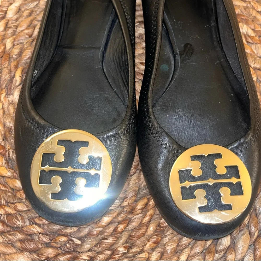Tory Burch Black Leather Reva Logo Ballet Flats